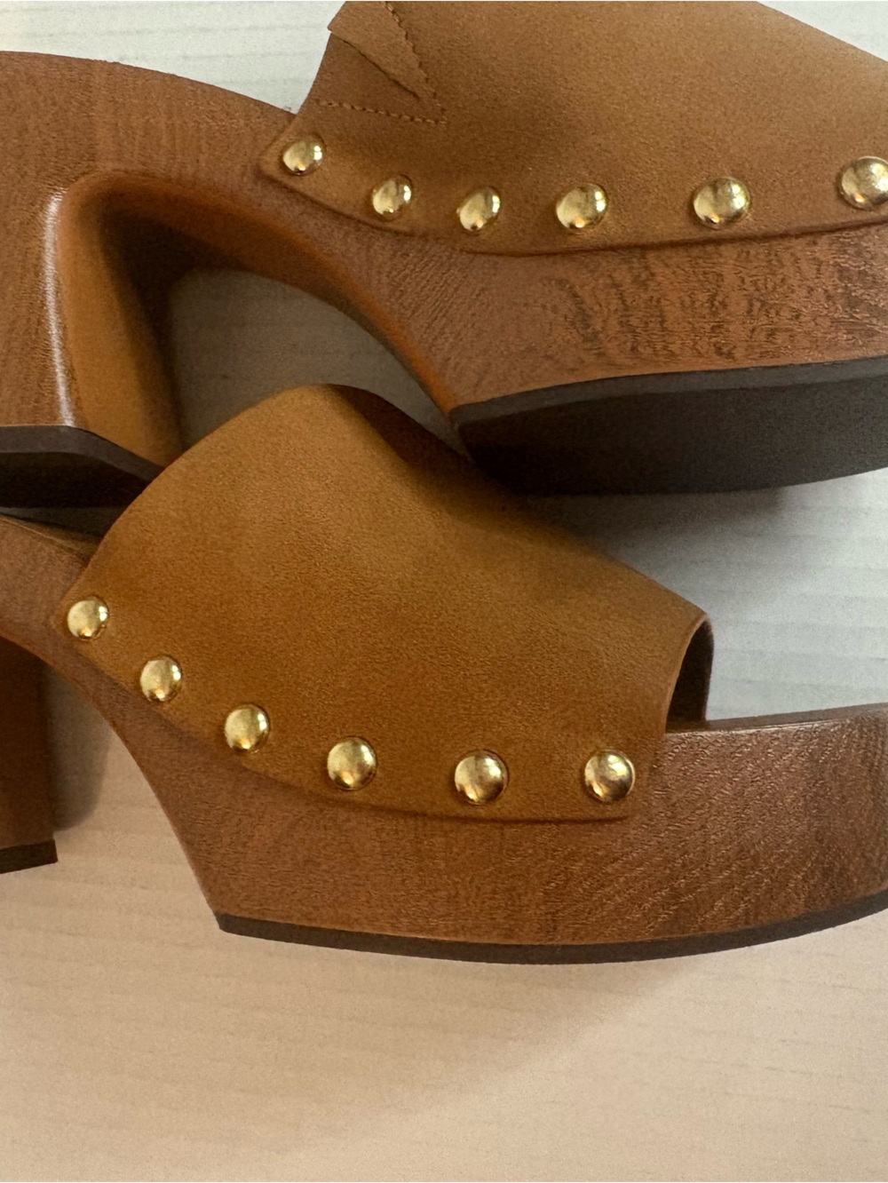 Mia Studded Wood Brown Open Toe Slip In Clogs Size 8 NWT